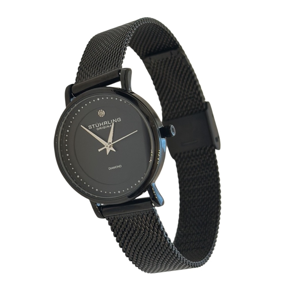 New STUHRLING Watch Black Face Diamond Stud Black Mesh Band NWOT without tags